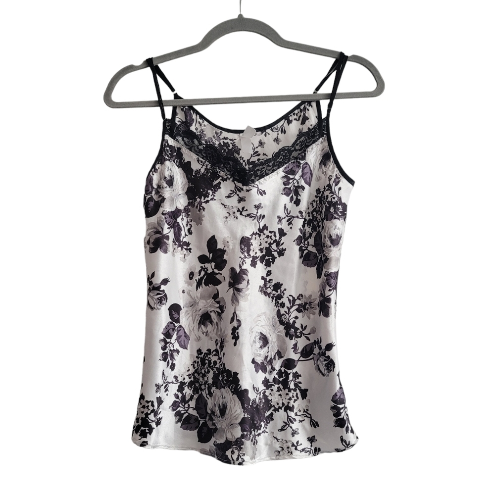 Y2K Black White Satin Camisole Floral Rose Tank Top Size Medium‎